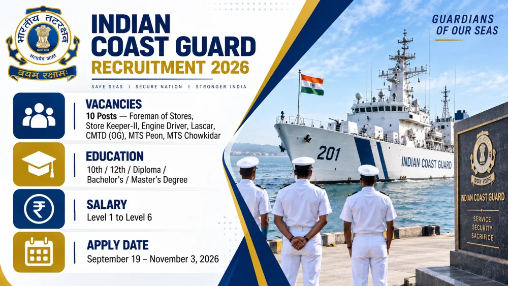 Indian Coast Guard Recruitment 2026 Notice Out for 10 Foreman, Store Keeper, Driver, MTS and Other Civilian Vacancies
