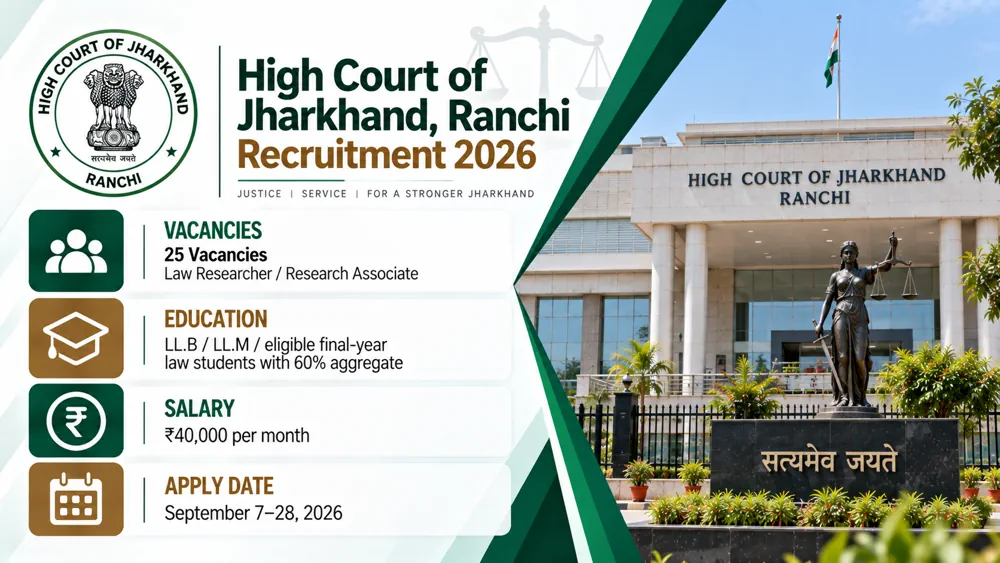Jharkhand High Court Recruitment 2026: 25 Law Researcher Vacancies, Apply by September 28