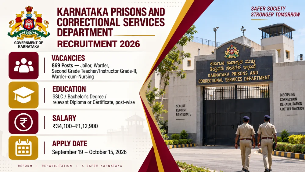 Karnataka Prison Department Recruitment 2026 Notice Out for 869 Jailor, Warder and Instructor Vacancies, Apply Online by October 15
