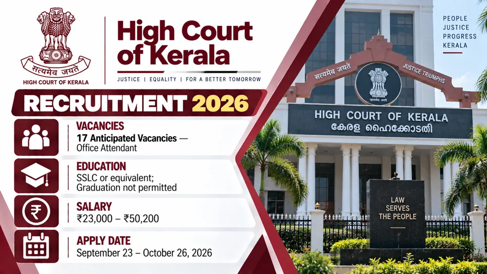 Kerala High Court Office Attendant Recruitment 2026 Online Form Download for 17 Vacancies, Apply by October 26