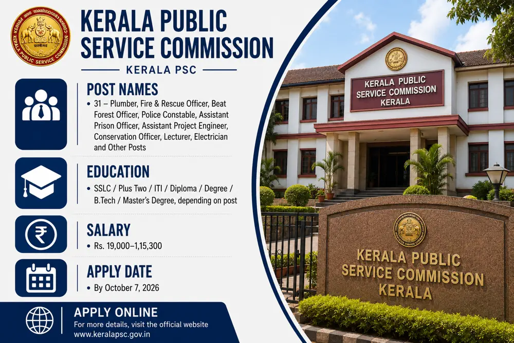 Kerala PSC Recruitment for 31 Plumber, Fire & Rescue Officer, Beat Forest Officer and Other Posts Announced with October 7 Deadline