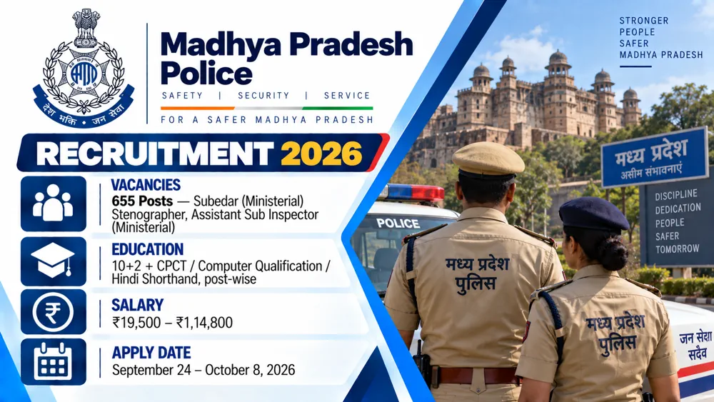 MP Police Recruitment 2026 Notice Out for 655 Subedar Steno and ASI Ministerial Vacancies, Apply Online by October 8