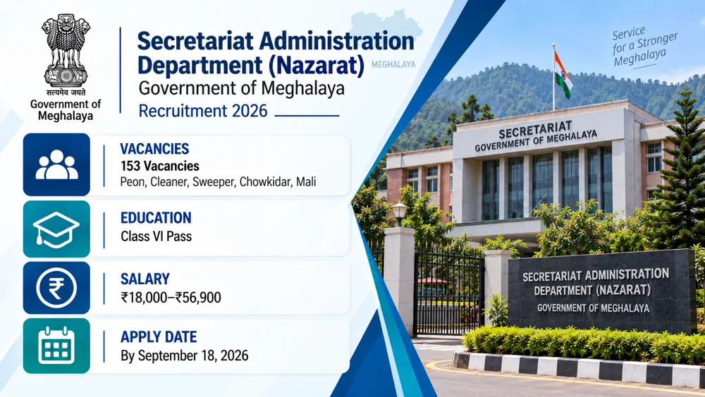 Meghalaya Civil Secretariat Announced Recruitment for 153 Peon, Cleaner, Sweeper and Other Vacancies, Apply Online by September 18 2026
