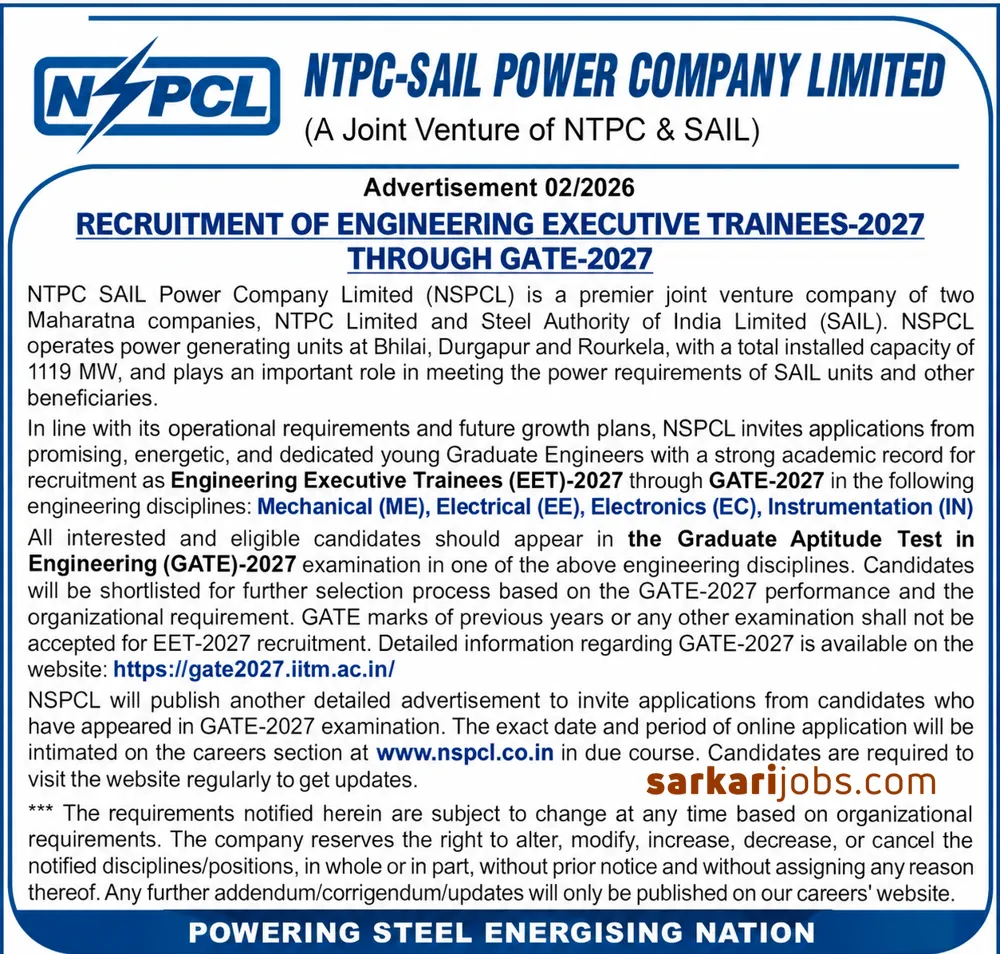 NSPCL Engineering Executive Trainee Recruitment 2027 Through GATE: Mechanical, Electrical, Electronics and Instrumentation Engineers Eligible