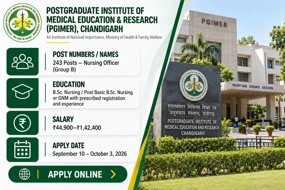 PGIMER Announces Nursing Officer Recruitment  for 2026-27: Apply Online for 243 Group B Vacancies in Chandigarh