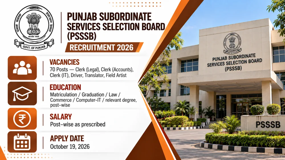 PSSSB Recruitment 2026 Notification Released for 70 Clerk, Driver, Translator and Other Vacancies, Apply by October 19