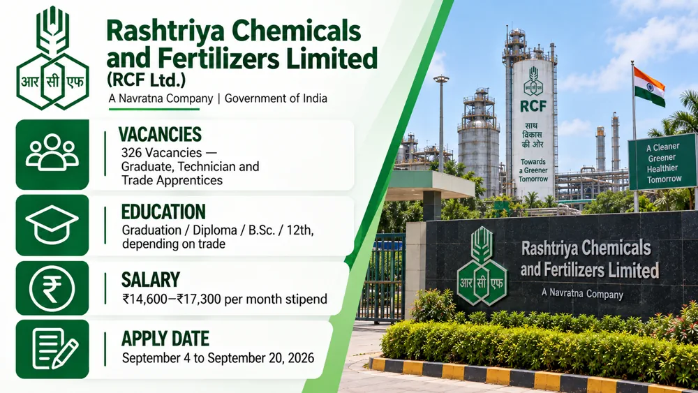 RCF Apprentice Recruitment 2026 Notice Out: Apply to 326 Graduate, Technician and Trade Apprentice Vacancies by September 20