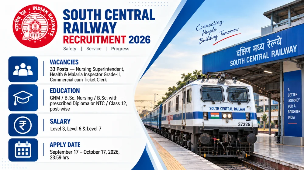 South Central Railway Recruitment 2026 Notice Out for 33 Nursing, Health Inspector and Ticket Clerk Vacancies Through GDCE