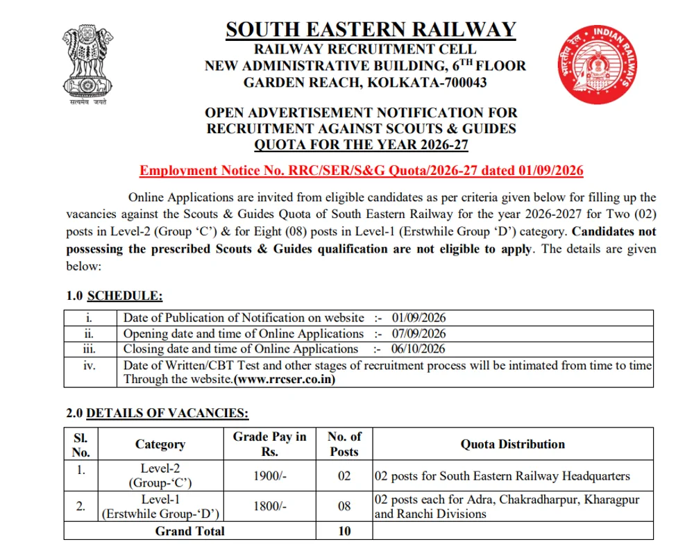 South Eastern Railway Scouts & Guides Recruitment 2026 Notice Out for 10 Level-1 and Level-2 Vacancies, Apply Online by October 6