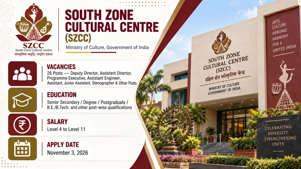 South Zone Cultural Centre Recruitment 2026 Notification Released for 25 Group A, B and C Vacancies, Apply by November 3