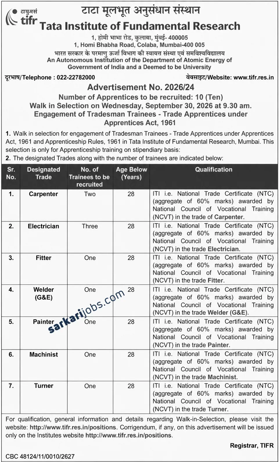TIFR Apprentice Recruitment 2026 Announced with Walk-ins for 10 ITI Trade Apprentice Vacancies on September 30