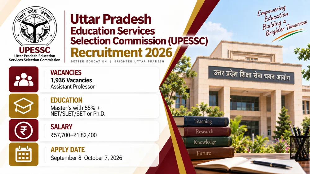 UPESSC Assistant Professor Recruitment 2026 Announced for 1,936 Vacancies with Level-10 pay of ₹57,700–₹1,82,400