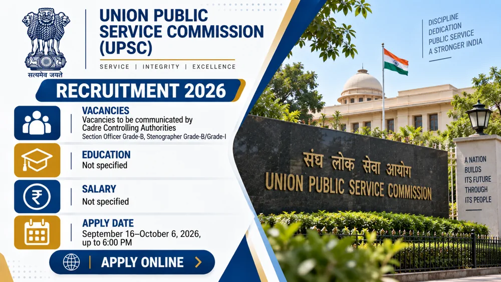 UPSC LDCE Recruitment 2026 Notice Out: Apply Online to Section Officer and Stenographer Departmental Exams by October 6