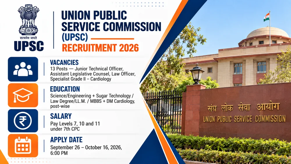 UPSC 12/2026 Recruitment Notice Out for 13 JTO, Law Officer, Legislative Counsel and Specialist Vacancies, Apply by October 16