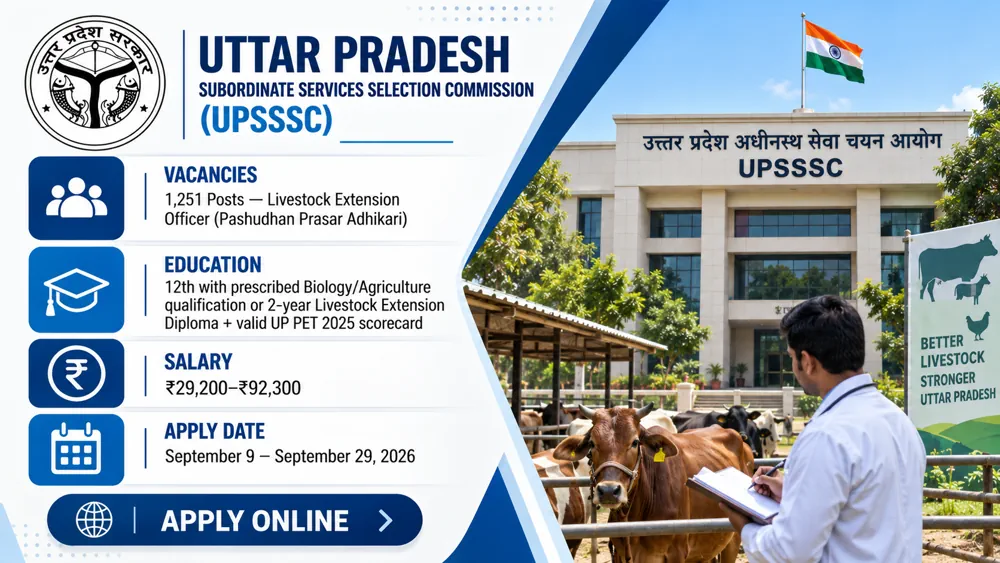 UPSSSC Livestock Extension Officer Recruitment 2026 Announced: Applications Open for 1,251 Vacancies