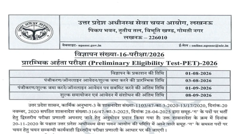 UPSSSC PET 2026 Deadline Extended; Candidates Can Apply Online Until September 7