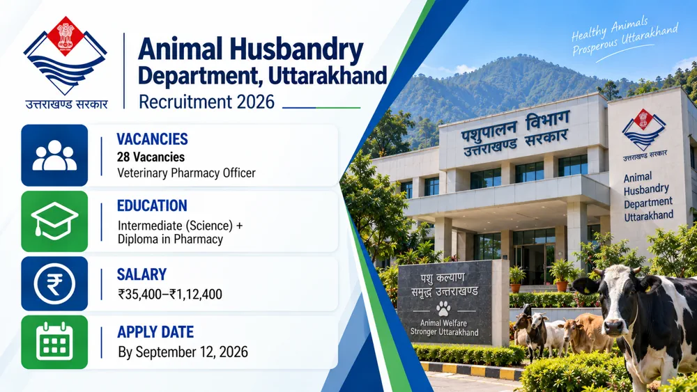 Uttarakhand Animal Husbandry Recruitment 2026 Announced for 28 Veterinary Pharmacy Officer Vacancies, Apply Offline by September 12