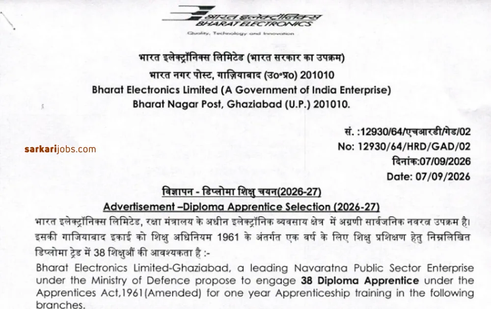 BEL Ghaziabad Diploma Apprentice Recruitment 2026 Announced: Online Form for 38 Vacancies Available, ₹12,500 Monthly Stipend