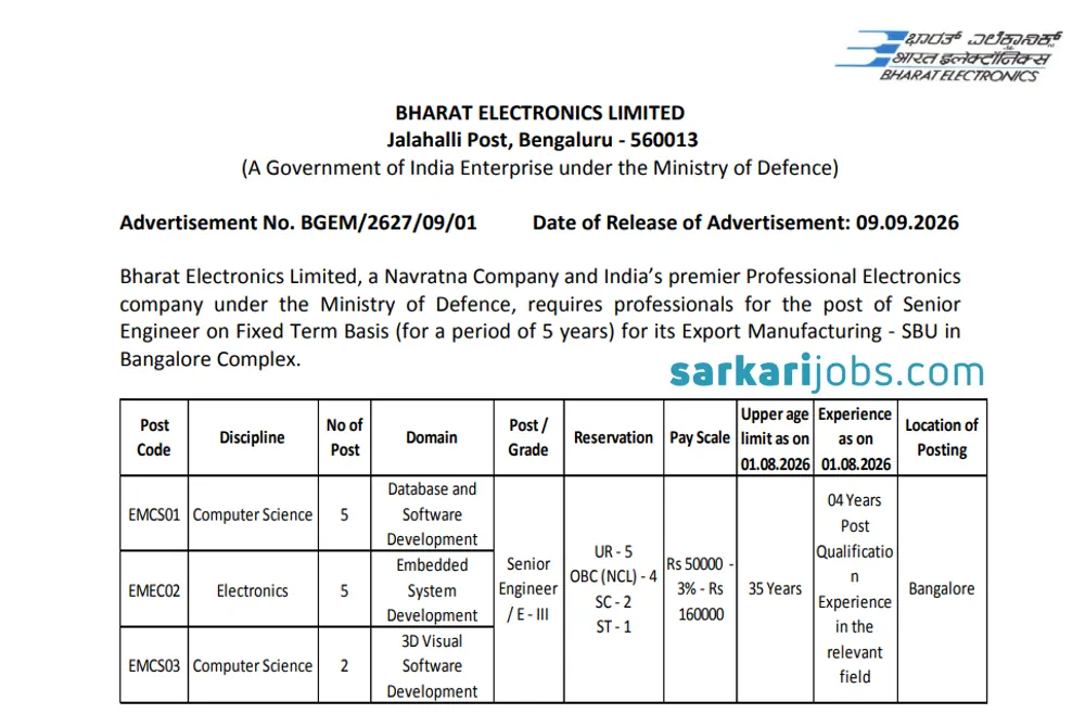 BEL Senior Engineer Recruitment 2026 Notice Out: Apply to 12 Computer Science and Electronics Vacancies by September 29