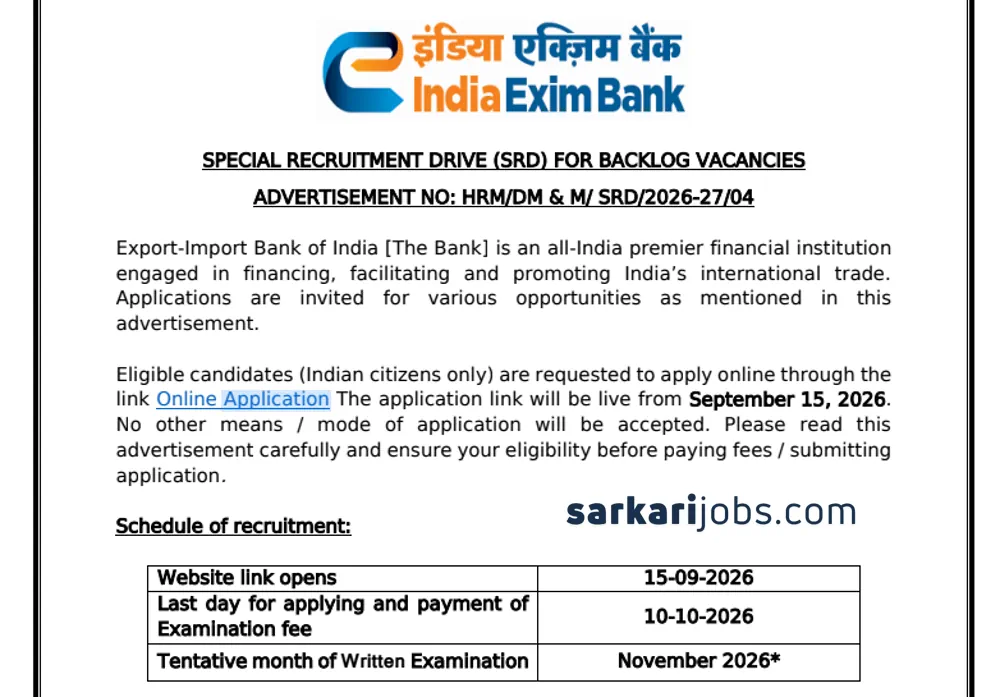 Exim Bank Special Recruitment Drive 2026 Announced for 8 Deputy Manager and Manager Vacancies, Apply Online by October 10