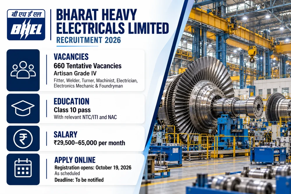 BHEL Artisan Recruitment 2027: 660 Vacancies Announced, Online Applications Scheduled from October 19