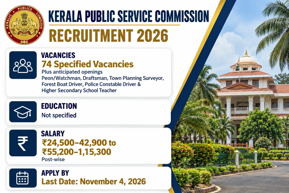 Kerala PSC Recruitment 2026: Apply for 74 Peon, Driver, Draftsman and Teacher Vacancies by November 4