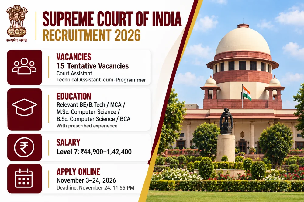 Supreme Court of India Recruitment 2026: 15 Court Assistant Vacancies, Apply Online from November 3