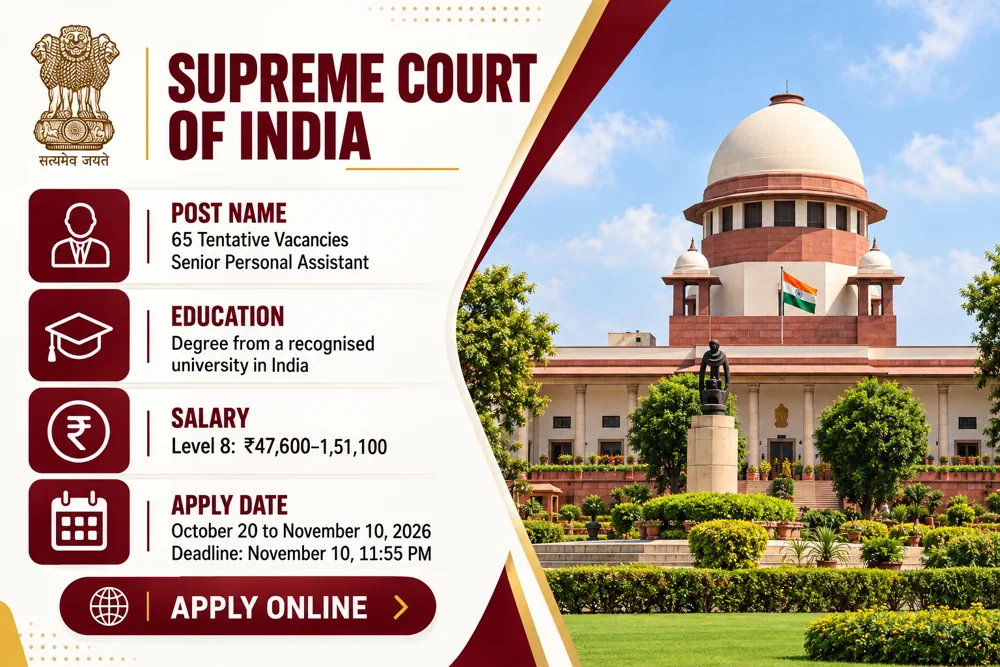 Supreme Court Senior Personal Assistant Recruitment 2026: 65 Vacancies, Apply Online from October 20