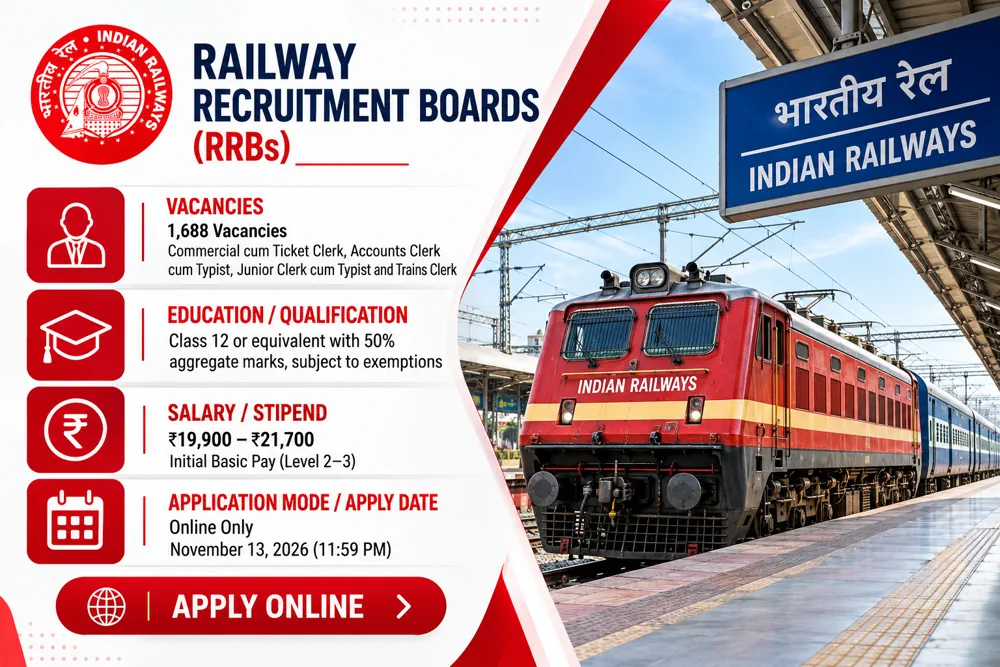 RRB NTPC 12th Pass Recruitment 2026: Apply Online for 1,688 Clerk and Ticket Clerk Posts by November 13